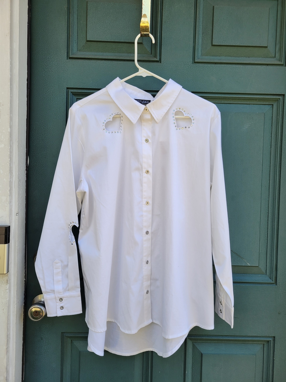 Attitudes by Renee Heart Cutout Rhinestone Button-Up Shirt White L QVC Western